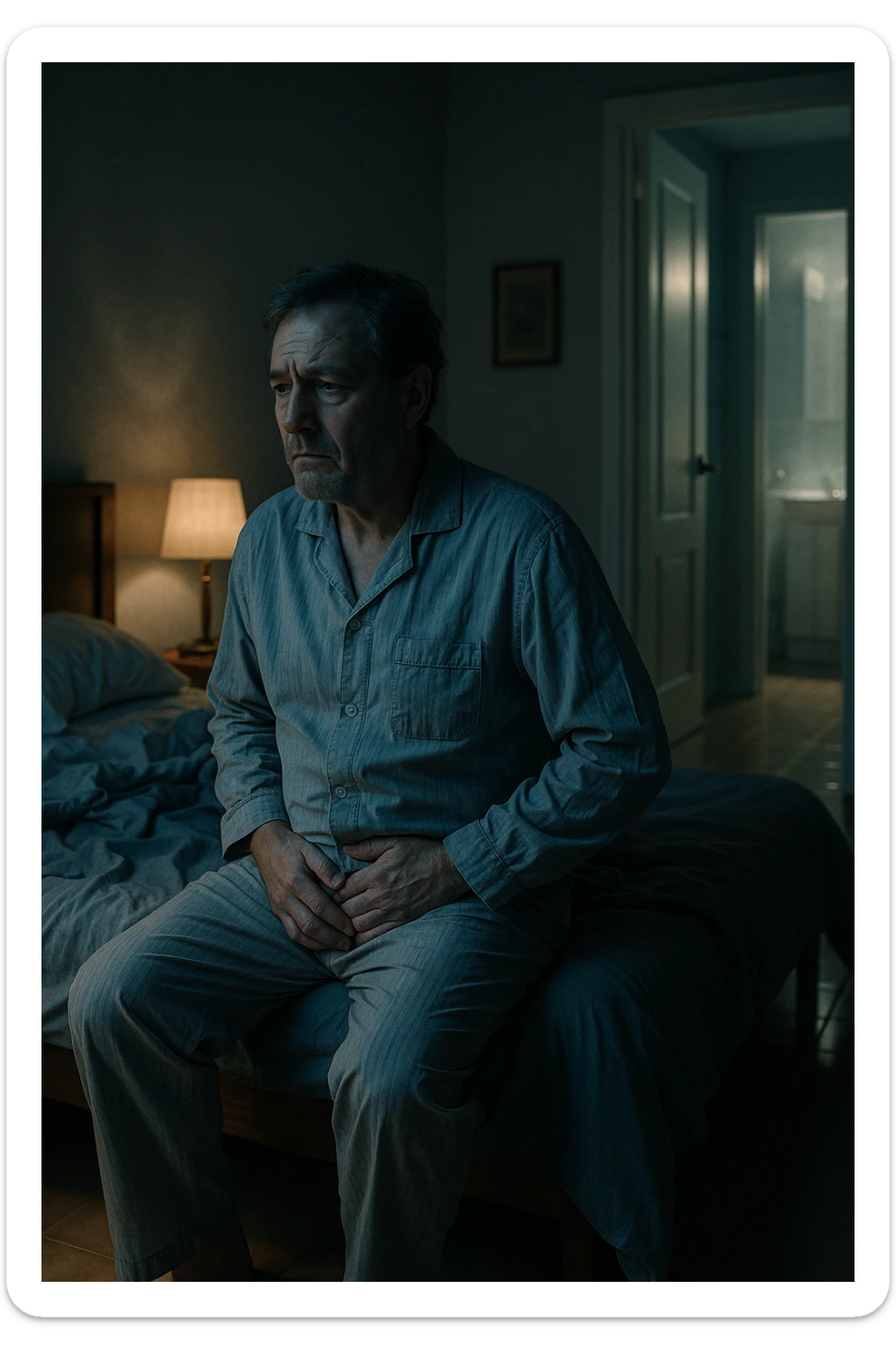 A nighttime scene inside a dimly lit bedroom. A man in his 50s sits stanco sul bordo del letto, con lo sguardo perso nel vuoto, mentre una luce fioca proviene dalla lampada sul comodino. Indossa un pigiama spiegazzato, e si tiene leggermente la zona bassa dell’addome. Dietro di lui, il letto è visibilmente disfatto, segno di sonno interrotto. Una porta socchiusa sullo sfondo mostra la luce accesa in bagno, con il pavimento riflettente che indica i numerosi passaggi notturni. Il tono è cupo ma realistico, con colori freddi, blu e grigi, e un leggero bagliore lunare che filtra dalla finestra. Stile: 35mm film, profondità emotiva, dettaglio ambientale. in italiano sticker