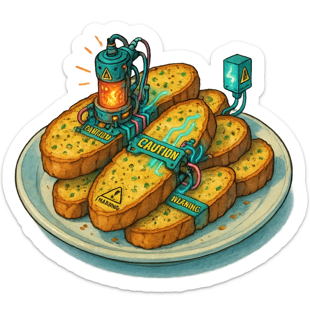 a plate of thermonuclear futuristic cyberpunk garlic bread, flawless, perfect, masterwork. highly dangerous sticker