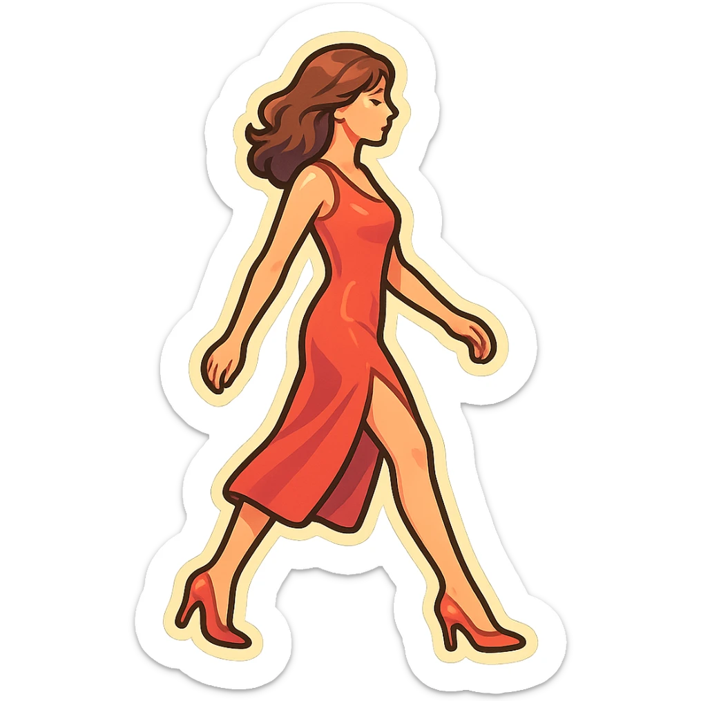 A girl walking from left to right, side view, wearing a red dress with a slit and high heels, retro-stickers style, thin clean contours, soft rounded shapes, detailed drawing with shadows and highlights, pastel palette #98B5BC, #B5B3C1, #C9A3C9, #E4C0CA, #F7DCD1, #F7C0AA, modern Japanese pop art, soft lighting, transparent background, no extra decoration, focus on movement and elegance. sticker
