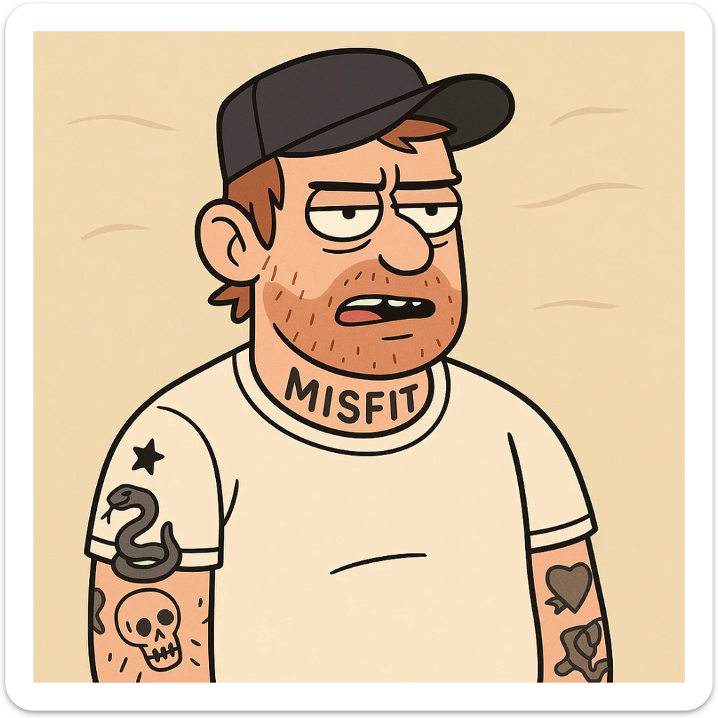 tattooed man with a hat, cartoon style sticker