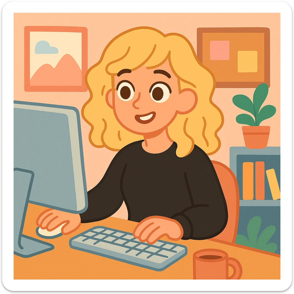 pretty brown-eyed blonde young woman with wavy hair, wearing a black sweater, working on a computer in a cozy office sticker