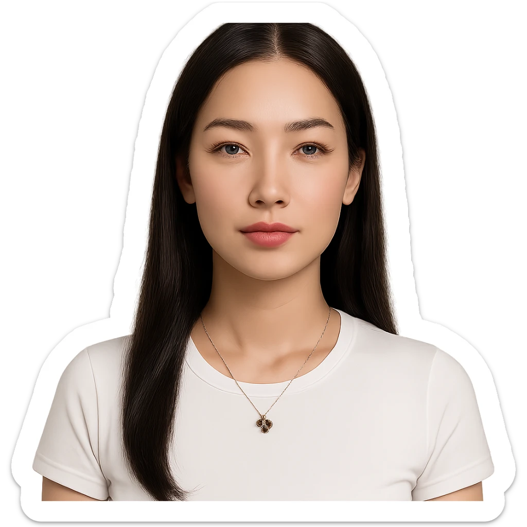 a calm and composed woman with long straight dark brown or black hair parted in the middle, smooth light glowing complexion, almond-shaped eyes with soft natural makeup, full pinkish coral lips, wearing a white fitted tee and a gold four-leaf clover necklace, calm and neutral expression, soft neutral gaze at the camera sticker