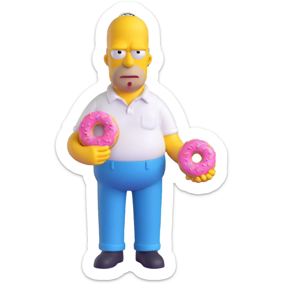 Homer Simpson 3D style, yellow skin, bald head with two hairs, white shirt, blue pants, holding a pink donut sticker