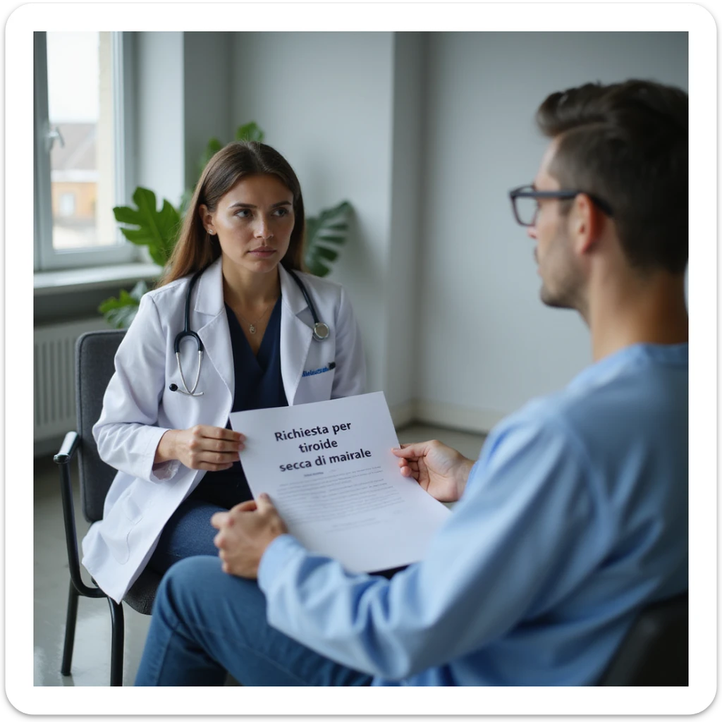 hyperrealistic 4K image of a woman sitting in front of a doctor in a modern clinical environment, determined expression, handing over a paper with the text 'Richiesta per tiroide secca di maiale', detailed and realistic sticker