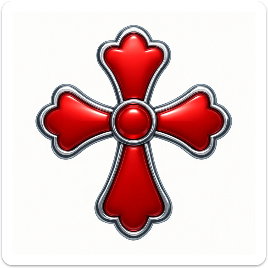 Add a silver outline to the chrome hearts cross in red, keeping the apple emoji style with its characteristic look and feel. sticker