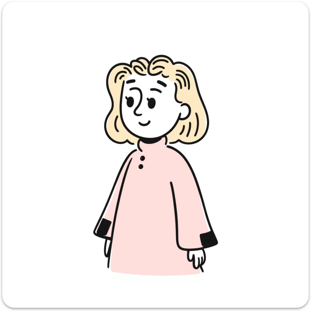 Blonde, pale girl with bangs and curly hair and a pastel pink puff sleeve dress sticker