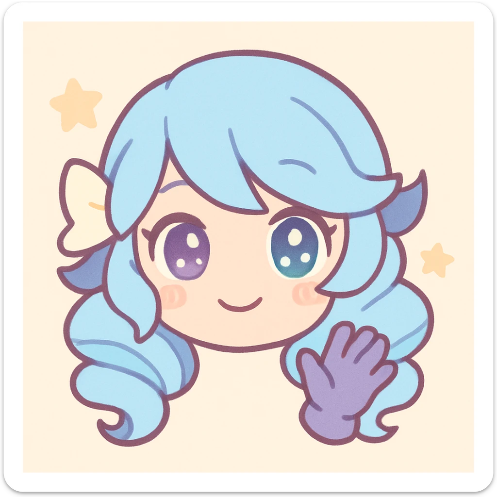 chibi style Gwen from League of Legends, only head, right eye purple, one hand waving with glove, smiling and energetic, kawaii style sticker