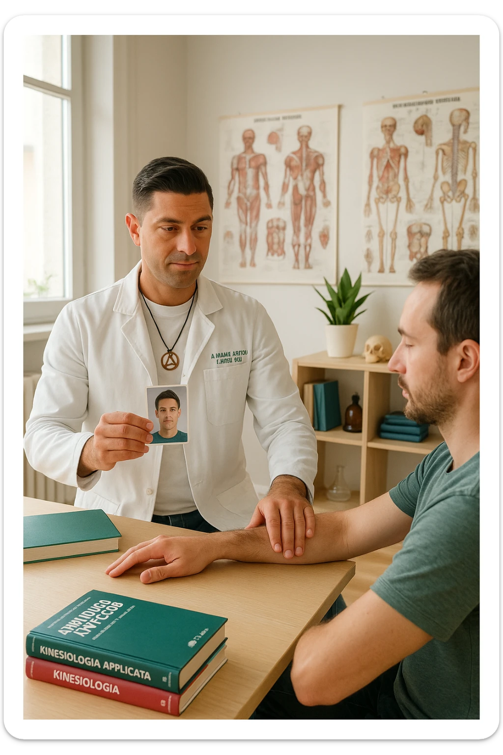 a middle-aged man, dressed in casual professional attire, is in a bright, organized therapy studio. Durante una visita di kinesiologia, il praticante tiene con una mano la foto di una persona lontana (il “testimone”) appoggiata su un tavolo, mentre con l’altra mano esegue un test muscolare su un cliente presente. Sullo sfondo si vedono libri di kinesiologia, poster anatomici e strumenti tipici della disciplina. L’atmosfera è concentrata e serena, con luce naturale che entra dalla finestra, sottolineando l’aspetto alternativo e umano della pratica. sticker