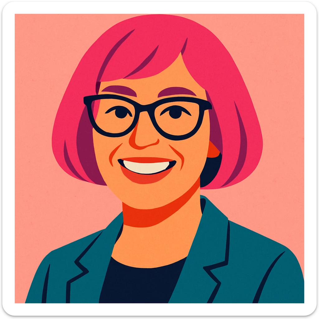 50 year old woman with a pink bob hairstyle, pink salt background, smiling, modern look sticker