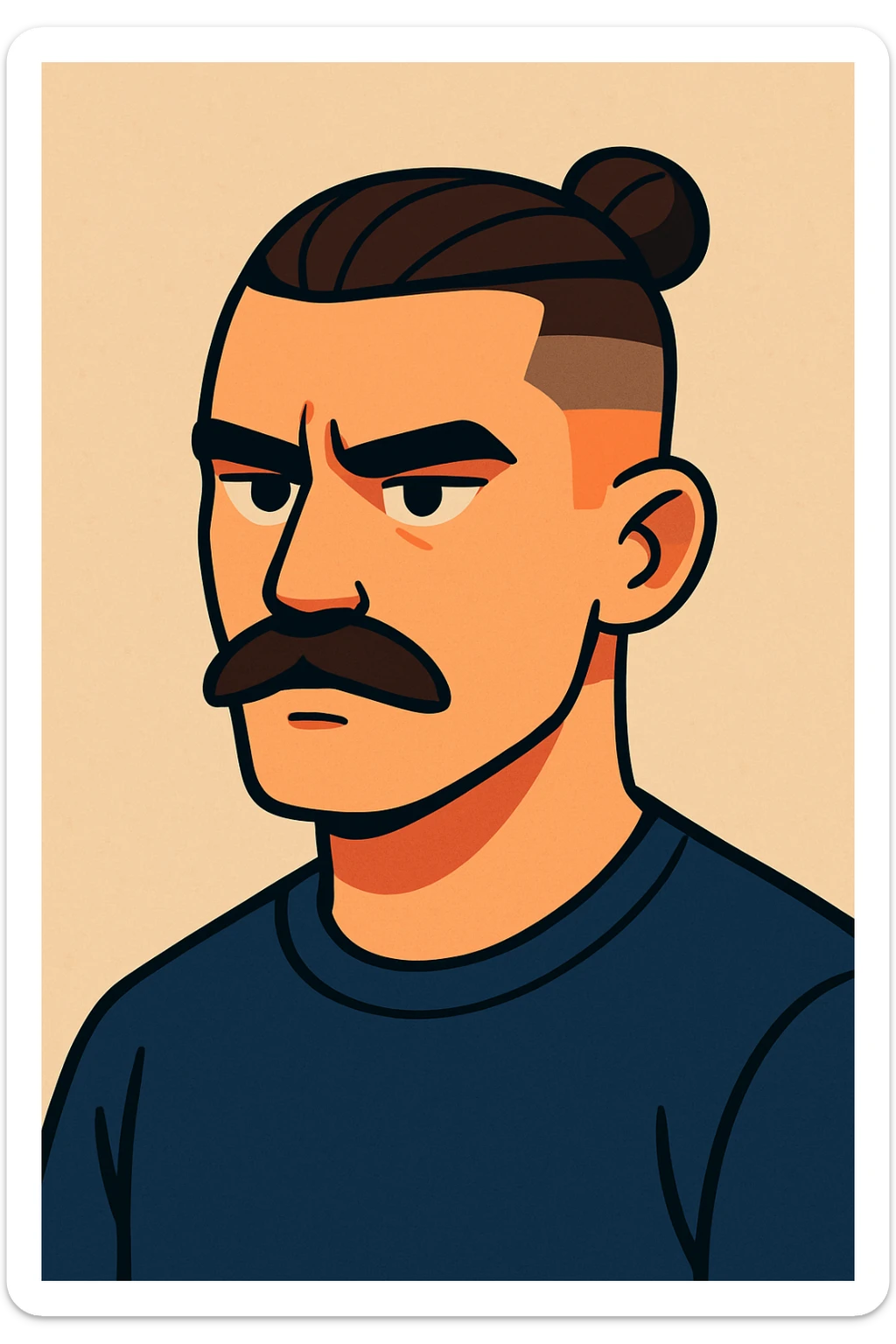 A vibrant cartoon style illustration of a guy with a moustache and a man bun, low taper fade haircut, looking serious, neutral background. sticker