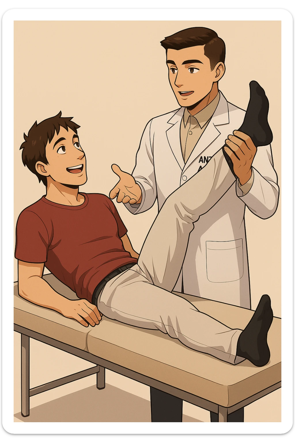 fai un webtoon manga a colori con questo stile, in cui un uomo è steso sul lettino medico e il kinesiologo con il camice bianco (fagli anche la scritta "ANTONIO ANANIA" SUL CAMICE, gli solleva una gamba per fargli il test neuromuscolare, IL KINESIOLOGO SPIEGA ALL'UOMO UNA cosa mentre gli alza la gamba. l'espressione dell'uomo è felice e soddisfatta, non fare i fumetti però, fai solo in modo che sembri stiano parlando, il lettino fai in modo che si veda tutto intero sticker