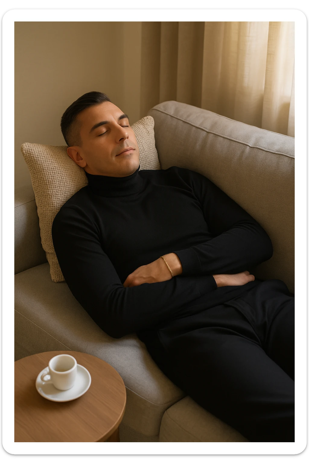 Uomo adulto in abiti casual in un ambiente domestico o ufficio tranquillo, mentre beve un caffè espresso con espressione consapevole. Subito dopo, si sdraia su un divano per un breve riposo di 20 minuti, occhi chiusi, posizione rilassata. La stanza è luminosa ma tranquilla, luce pomeridiana morbida che filtra dalla finestra. Atmosfera rigenerante e silenziosa. Accanto a lui, una tazzina vuota. Il suo viso appare calmo, in attesa del recupero energetico sticker