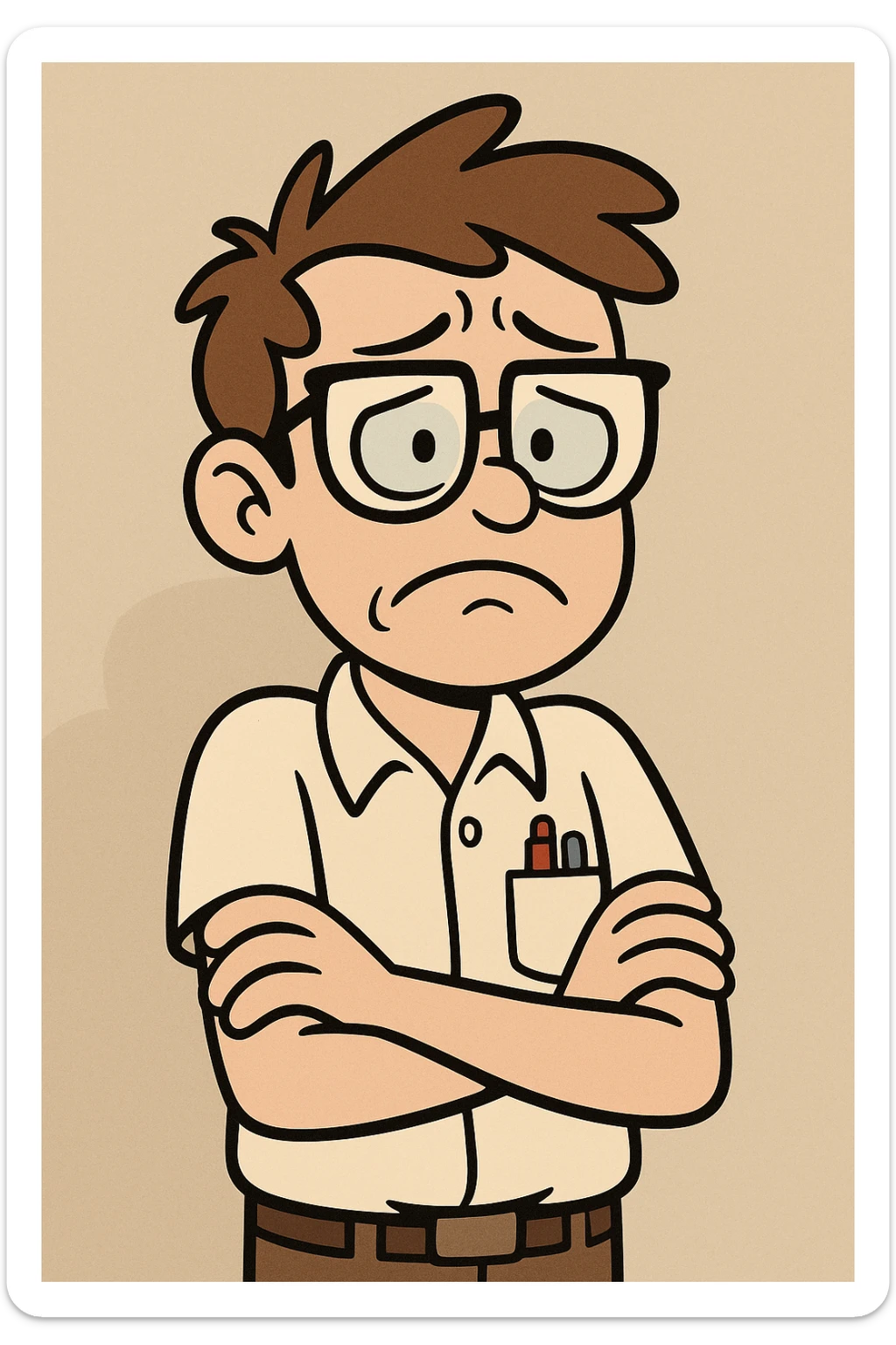 nerd character with glasses, arms crossed, looking worried, modern cartoon style sticker
