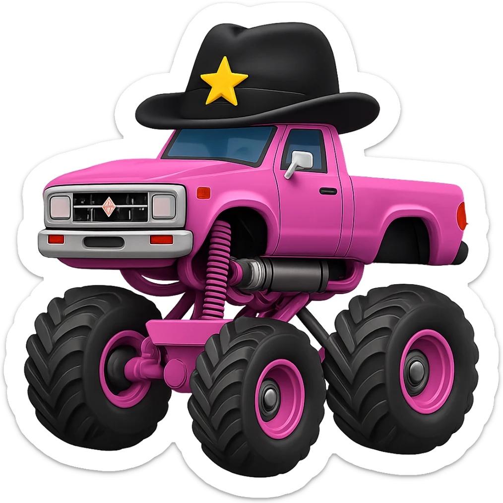 Big car monster truck, apple style emoji, pink, with a hat, with a star sticker