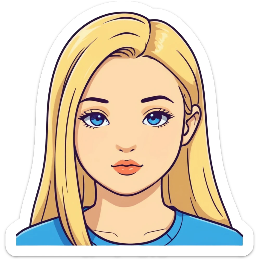 Chica rubia cara redonda pelo rubio lacio con raya al costado ojos celestes nariz recta labios gruesos sticker