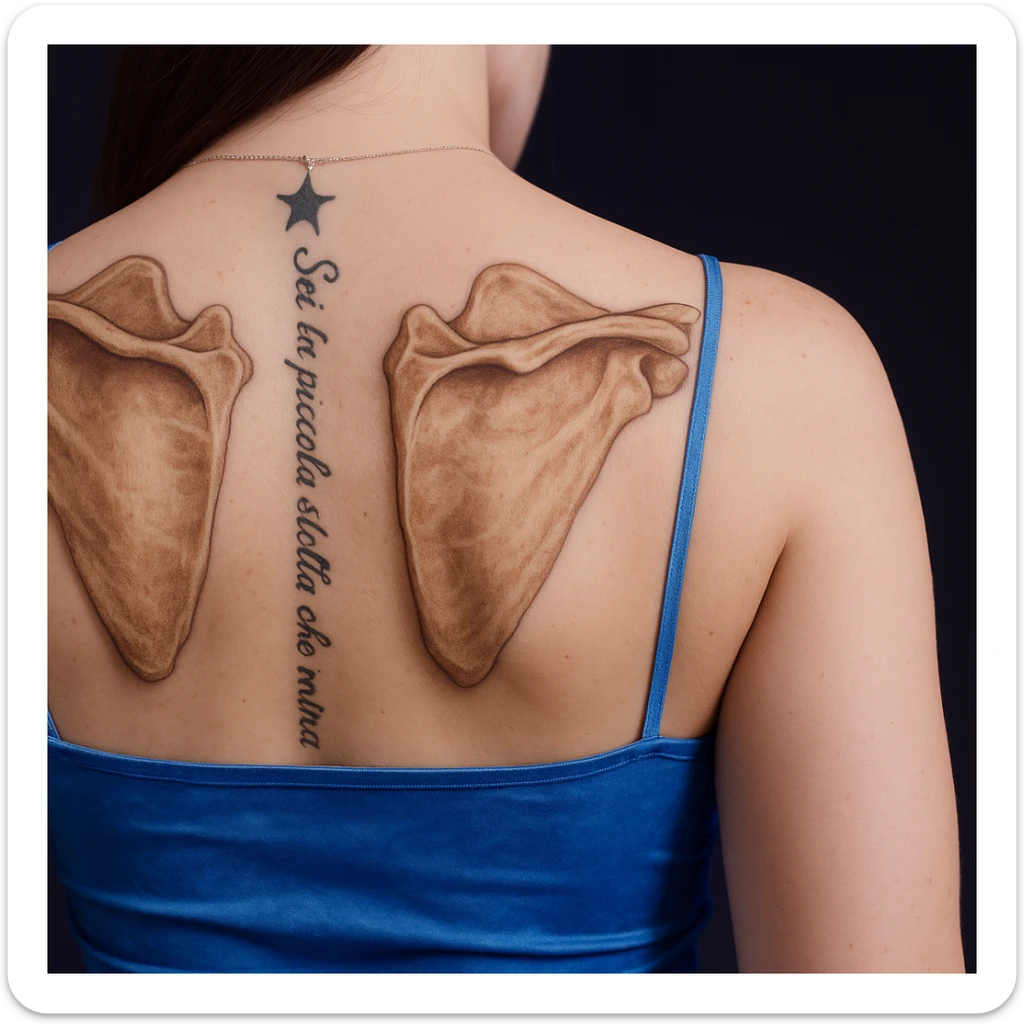 Add well-visible and detailed anatomical scapulae on the woman's back in a realistic and anatomical style, maintaining the natural skin appearance and the original position. sticker