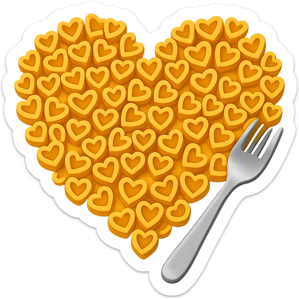 Add a silver fork next to the heart made of macaroni pasta in the style of emoji. Keep the emoji style look and no background. sticker