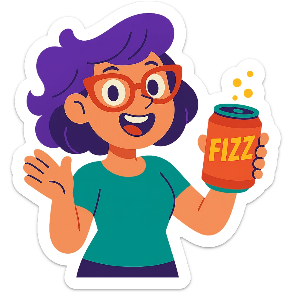 cartoon woman with purple hair, red glasses, and a can of fizz, showing her bubbly personality sticker