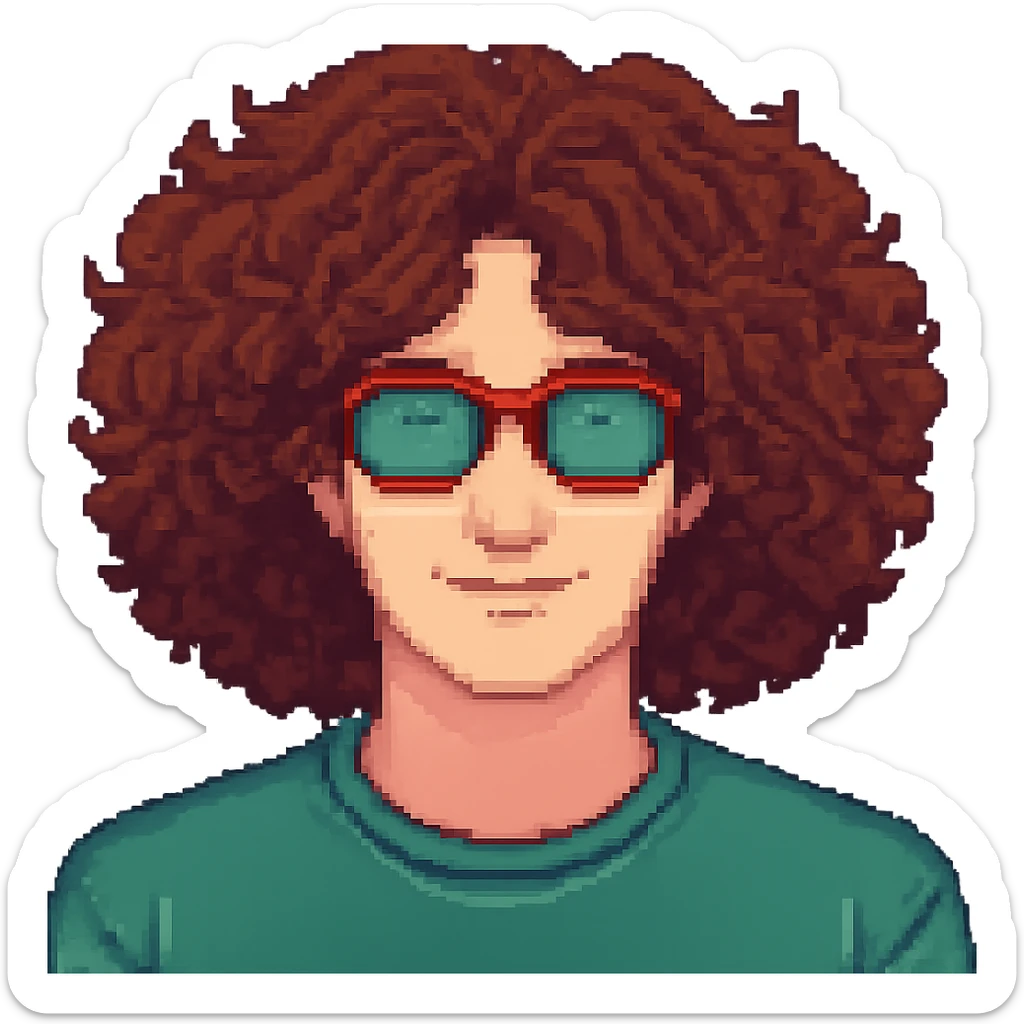 Make the hair much bigger on the face of a man with a lot of brown hair and red glasses, keep the style the same. Remove the background to isolate the subject. sticker