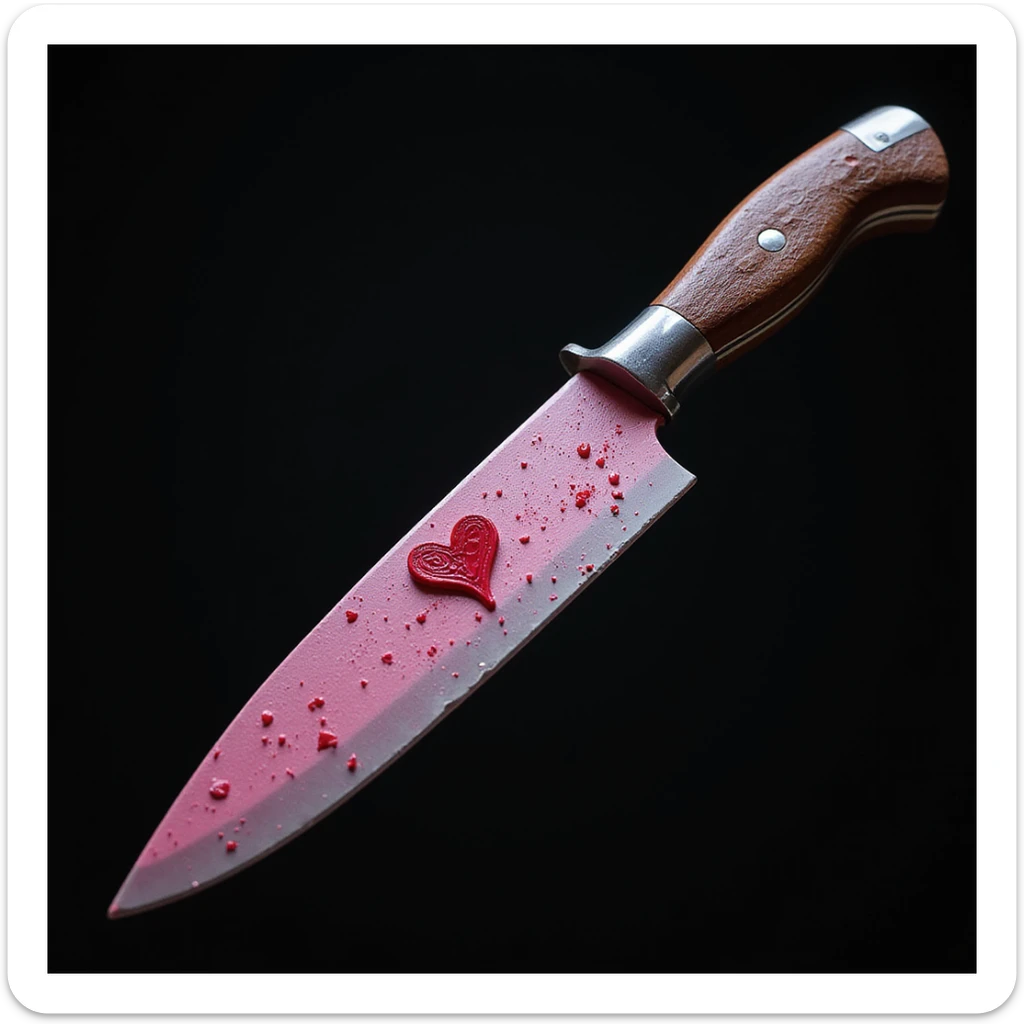 realistic gothic knife with pink and heart motif, photorealistic style sticker