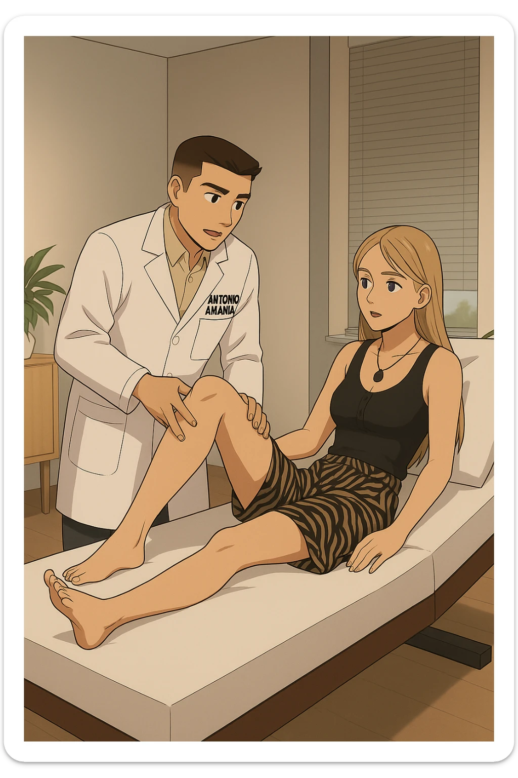 fai un webtoon/manga a colori con questo kinesiologo in camice bianco (fagli la scritta "ANTONIO ANANIA" SUL CAMICE) CHE SVOLGE UN TEST NEUROMUSCOLARE SOLLEVANDO UNA GAMBA ALLA RAGAZZA CHE è STESA SU UN LETTINO BIANCO. STANZA SEMPLICE E MODERNA, DURANTE IL TEST I DUE DIALOGANO TRA LORO. NON FARE I FUMETTI, FAI SOLO LORO COME SE DIALOGASSERO sticker