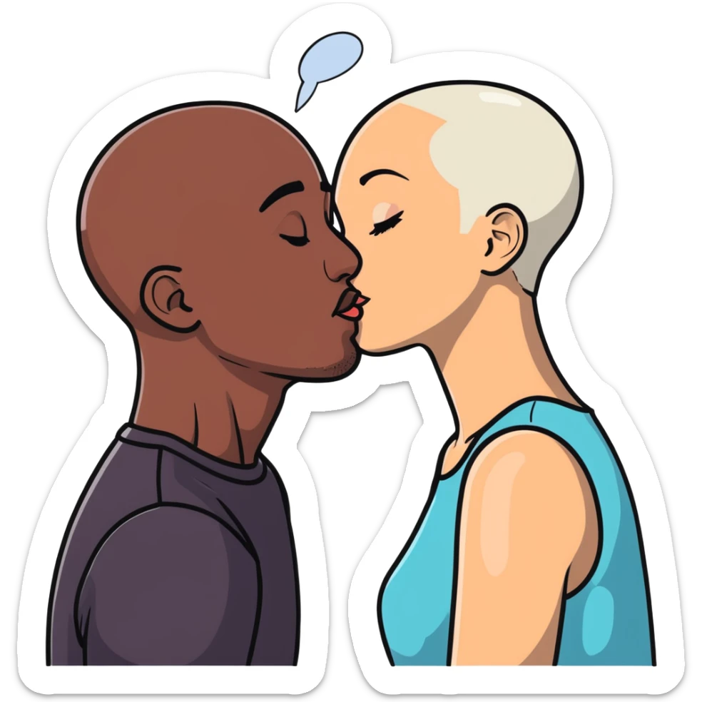 black bald man kissing white woman with short dark hair, cartoonish sticker style sticker