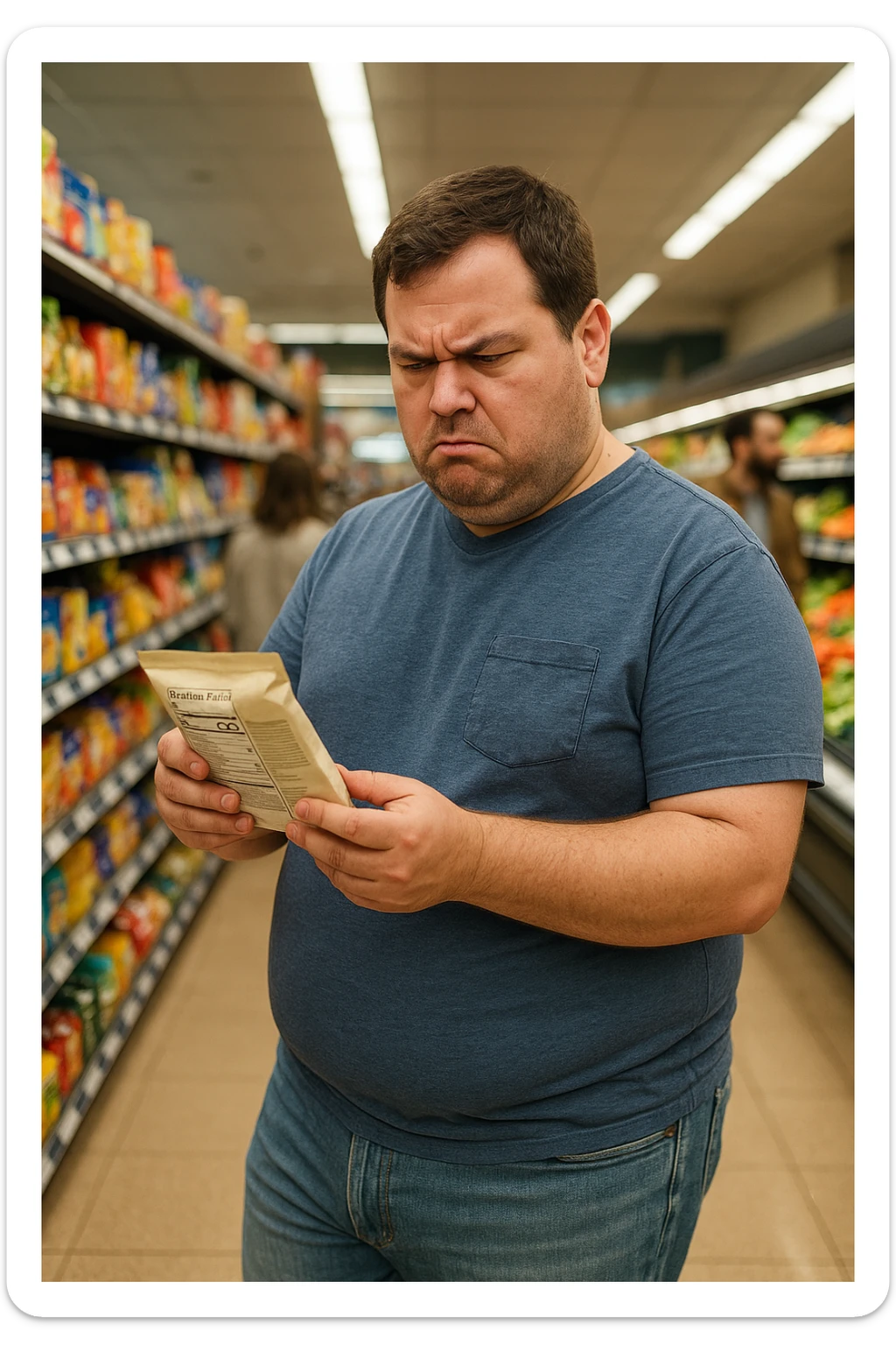 a man in casual clothes walks through a grocery store, looking at a nutrition label with a furrowed brow. Despite choosing healthy options, his body remains overweight. Other shoppers pass by, and the lighting is natural, capturing a moment of everyday life and genuine confusion. sticker