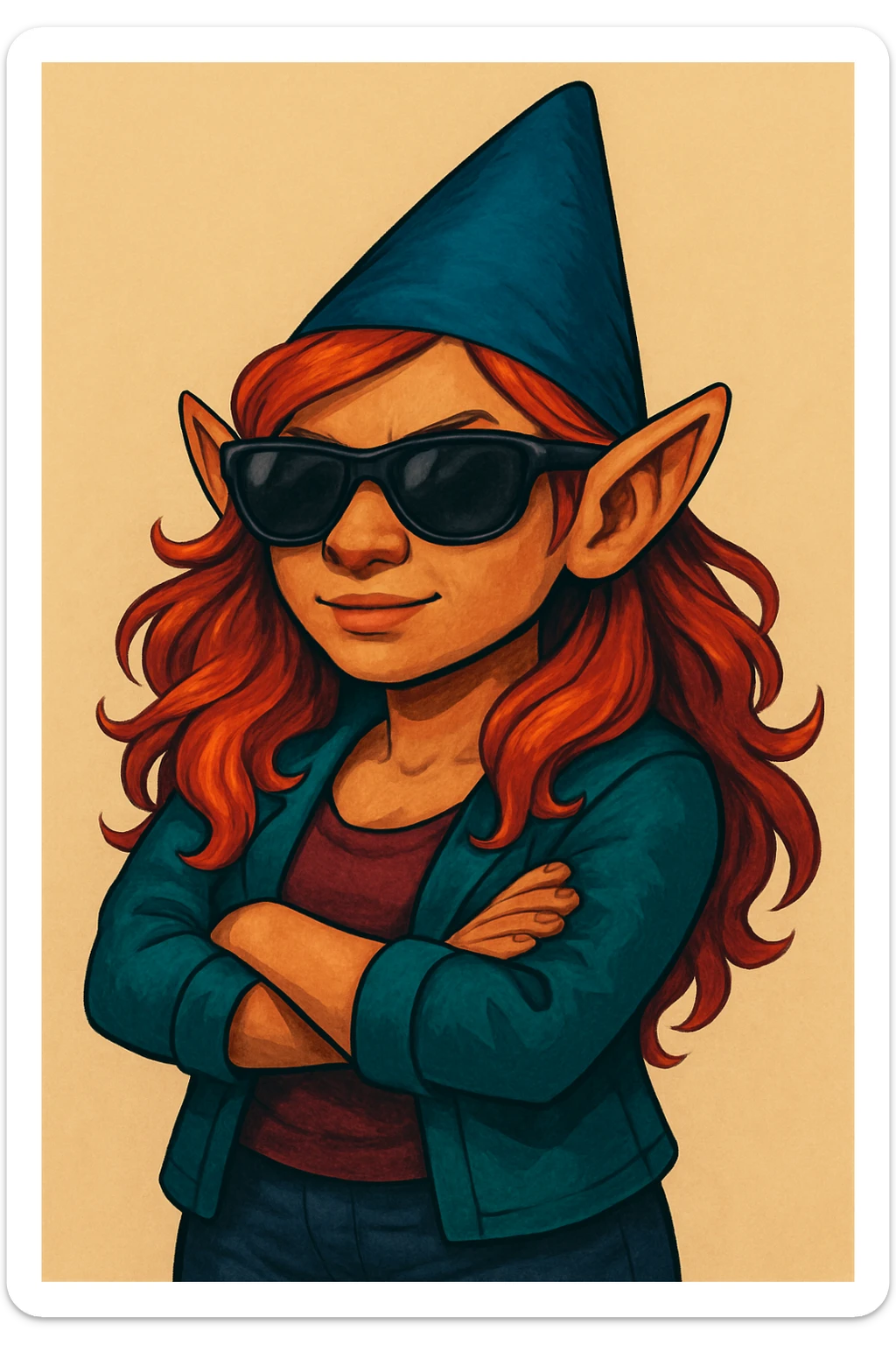Change the sunglasses on the female gnome to sporty, wraparound style sunglasses. Keep the rest of the image intact. sticker