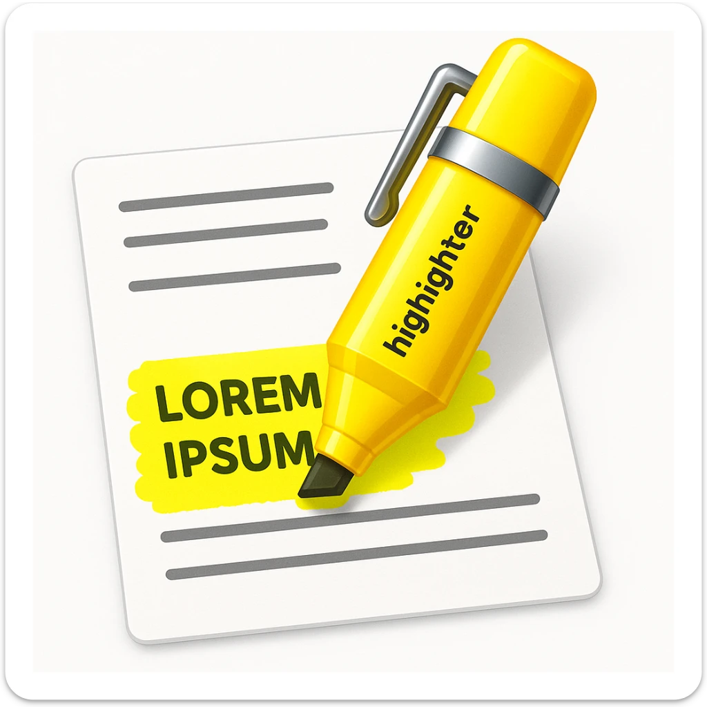 Make the highlighter pen clearly highlight text on the paper in the style of apple style emojis sticker