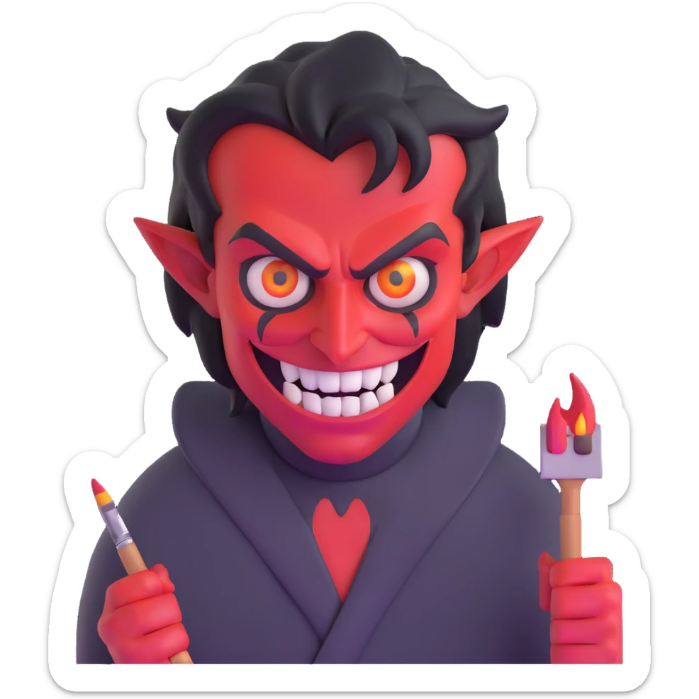 Demonic artist with wild eyes and a sinister smile painting hellscapes sticker