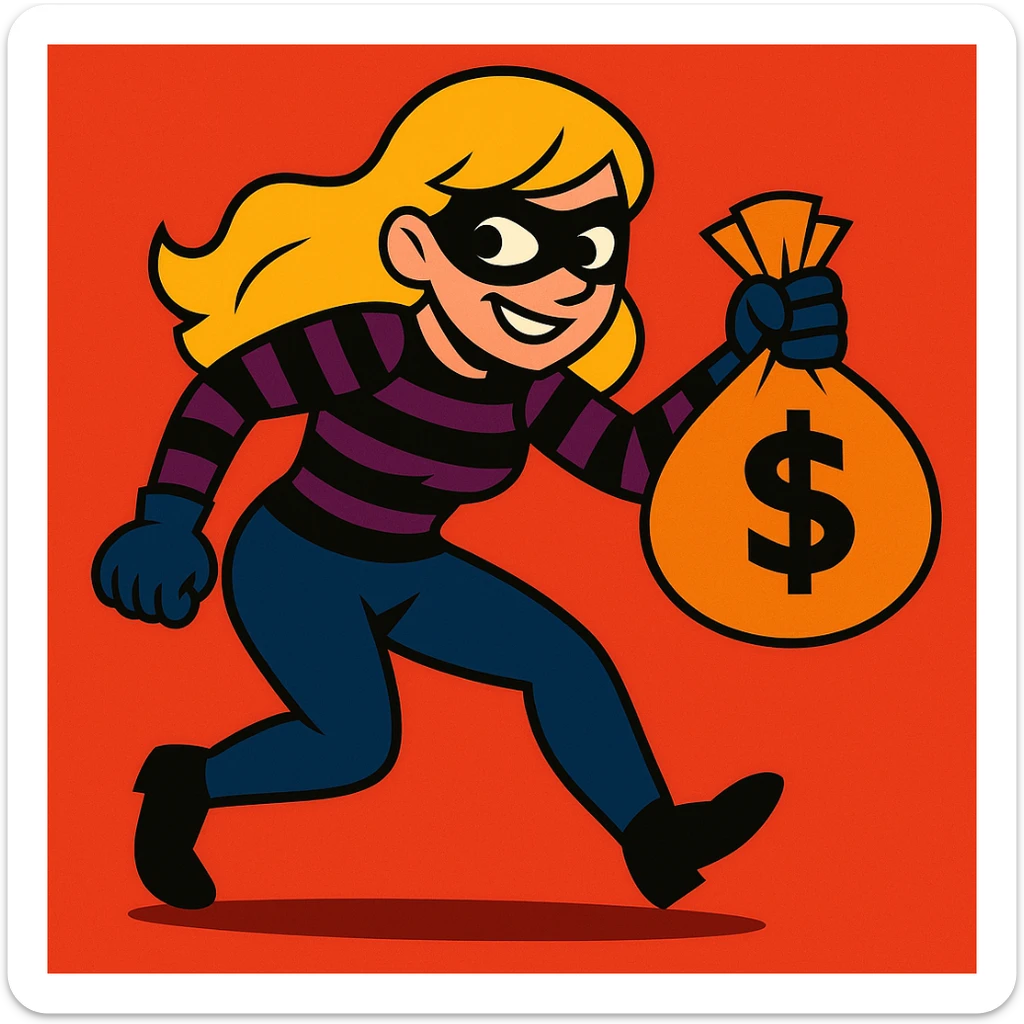 blonde female thief with a money bag, sneaky expression, vibrant toon style sticker