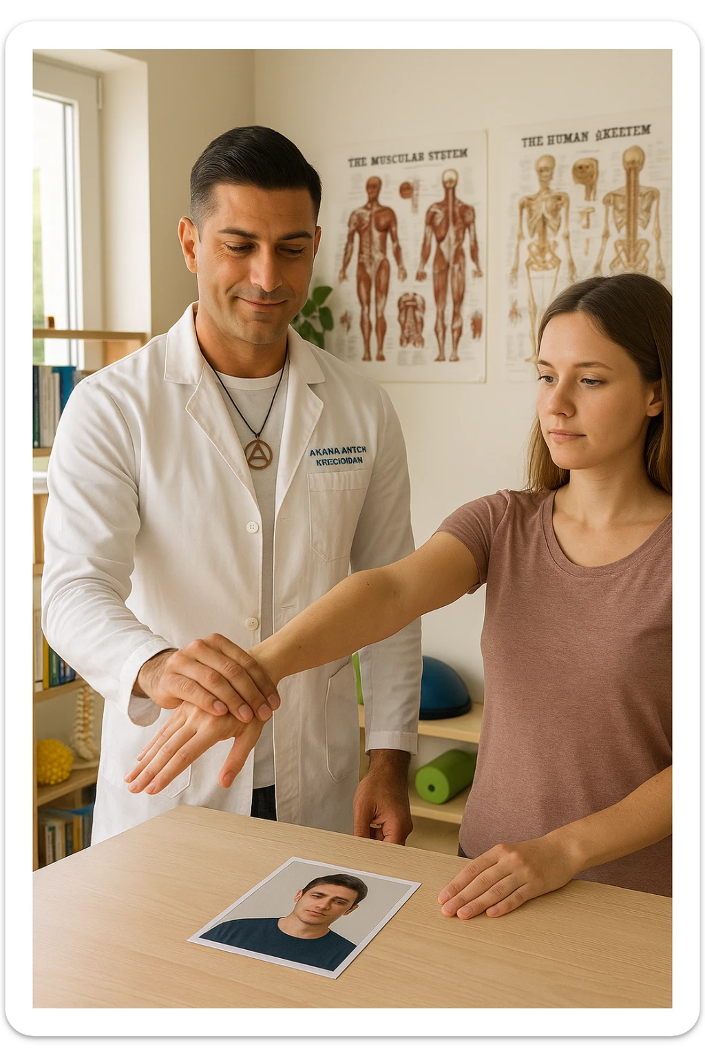 a middle-aged man, dressed in casual professional attire, is in a bright, organized therapy studio. Durante una visita di kinesiologia, il praticante tiene con una mano la foto di una persona lontana (il “testimone”) appoggiata su un tavolo, mentre con l’altra mano esegue un test muscolare su un cliente presente. Sullo sfondo si vedono libri di kinesiologia, poster anatomici e strumenti tipici della disciplina. L’atmosfera è concentrata e serena, con luce naturale che entra dalla finestra, sottolineando l’aspetto alternativo e umano della pratica. sticker