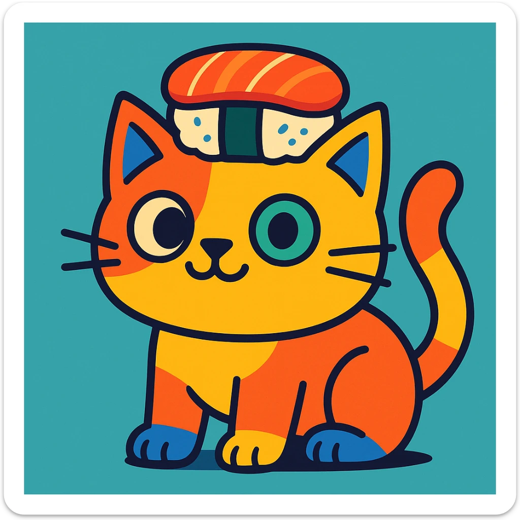 fun and colorful cat with a sushi-themed hat, vibrant and playful sticker
