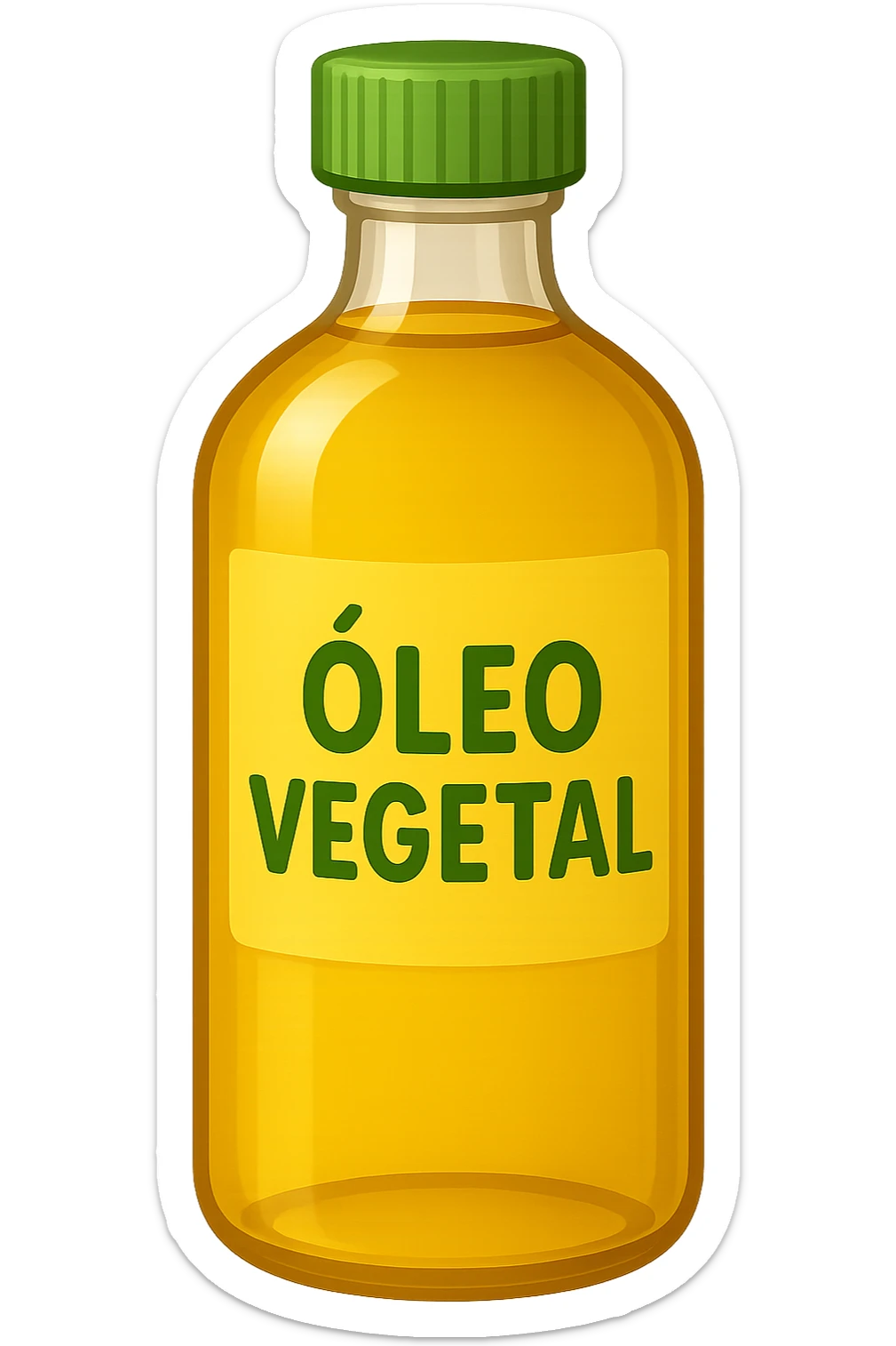 Add a label with the text 'Óleo Vegetal' on the bottle. Keep the style similar to Apple style emojis with a yellow label and green cap. Maintain a transparent background. sticker