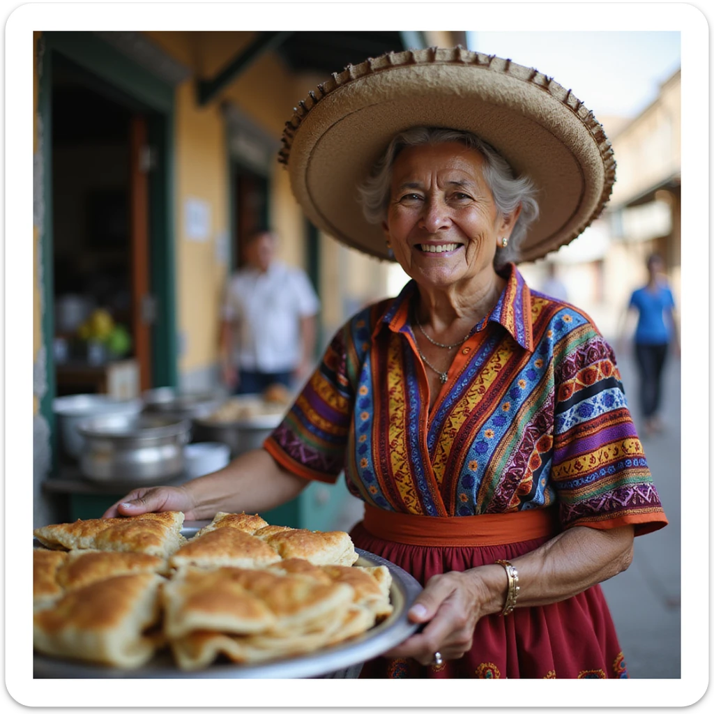 photorealistic image of an old Mexican lady pushing a food cart, warm and friendly expression, traditional dress, vibrant colors, street vendor, detailed, no text sticker