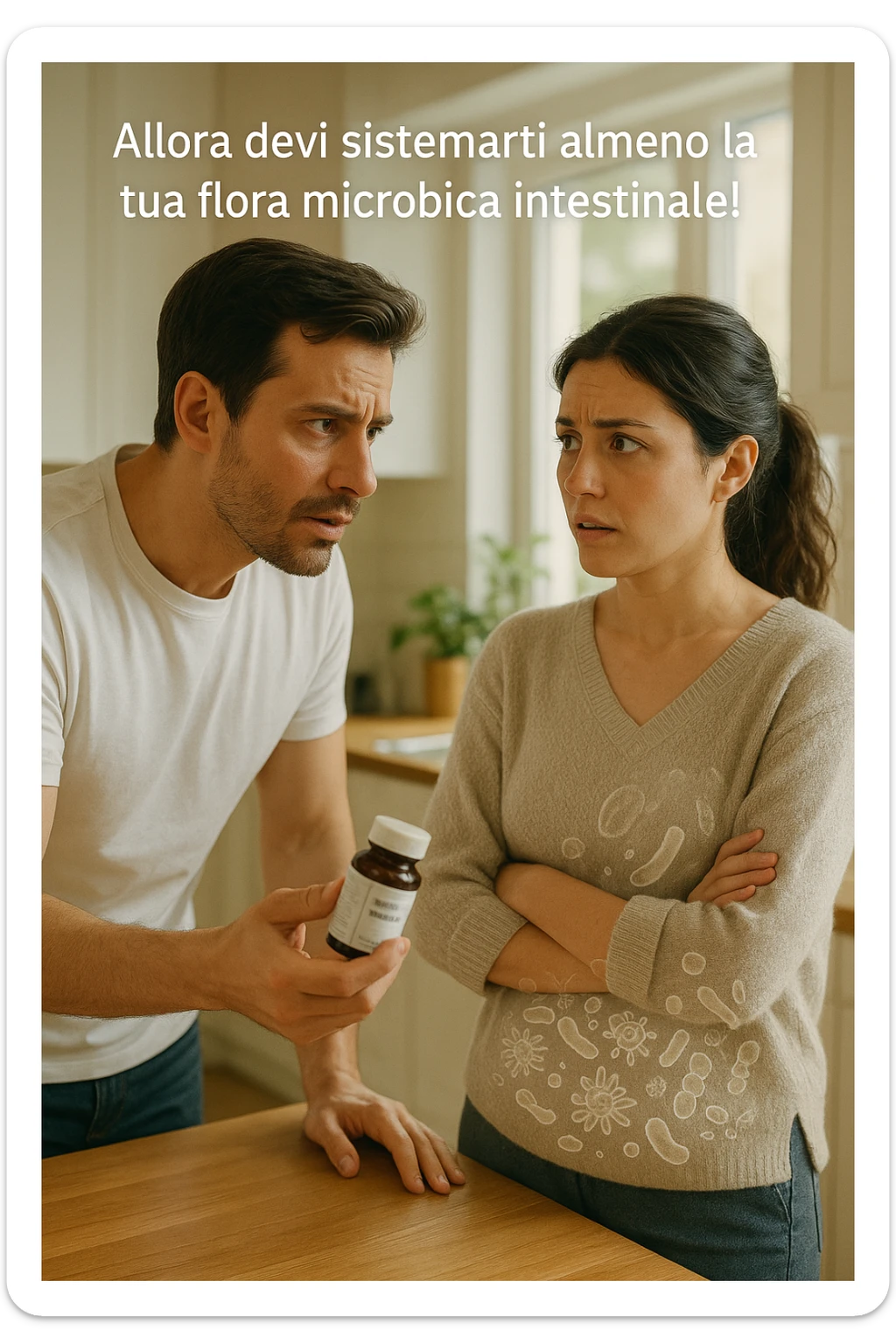 A hyper-realistic, cinematic photo of a young couple in their early 30s having a tense but calmer discussion in a bright modern kitchen. The man, fit, wearing a plain white T-shirt, holds a small probiotic supplement bottle in one hand, leaning slightly forward with a concerned yet firm expression, saying: 'Allora devi sistemarti almeno la tua flora microbica intestinale!' The woman, with dark hair in a loose ponytail, wearing a comfortable home sweater, stands with arms partially crossed, looking at him with a doubtful and confused expression, eyebrows slightly raised, lips parted as if about to respond but uncertain. Around them, faint translucent overlays of microscopic gut flora and bacteria symbols swirl softly near the woman’s abdomen, symbolizing the issue of her imbalanced gut microbiome. The kitchen is bathed in warm natural light, with green plants adding a sense of health and life, while the couple remains in sharp focus. The color palette is warm, with soft shadows and shallow depth of field highlighting the emotional tension yet care in the conversation, visually representing the discussion about gut health within the relationship sticker