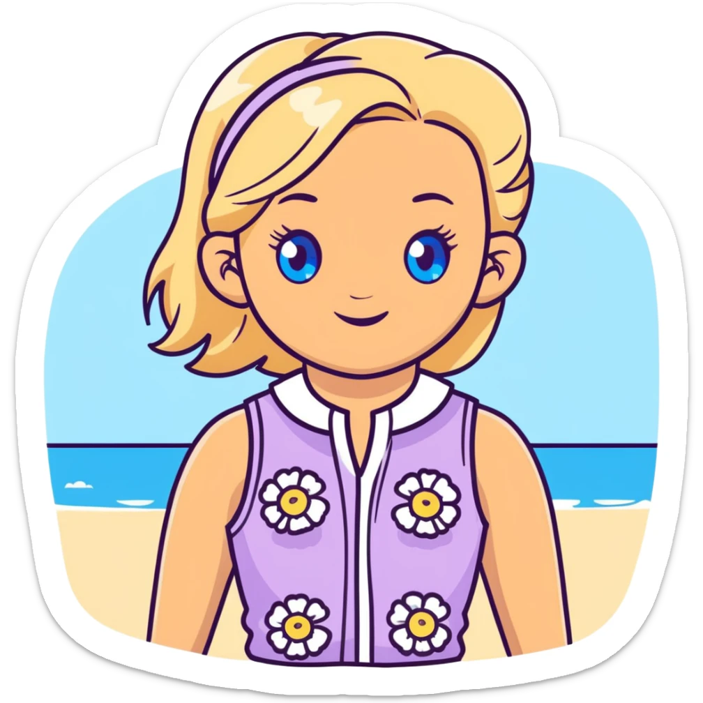 preppy coastal teen girl with blue eyes, beach blonde hair, tan skin, small flowers in her ear, preppy beach outfit sticker