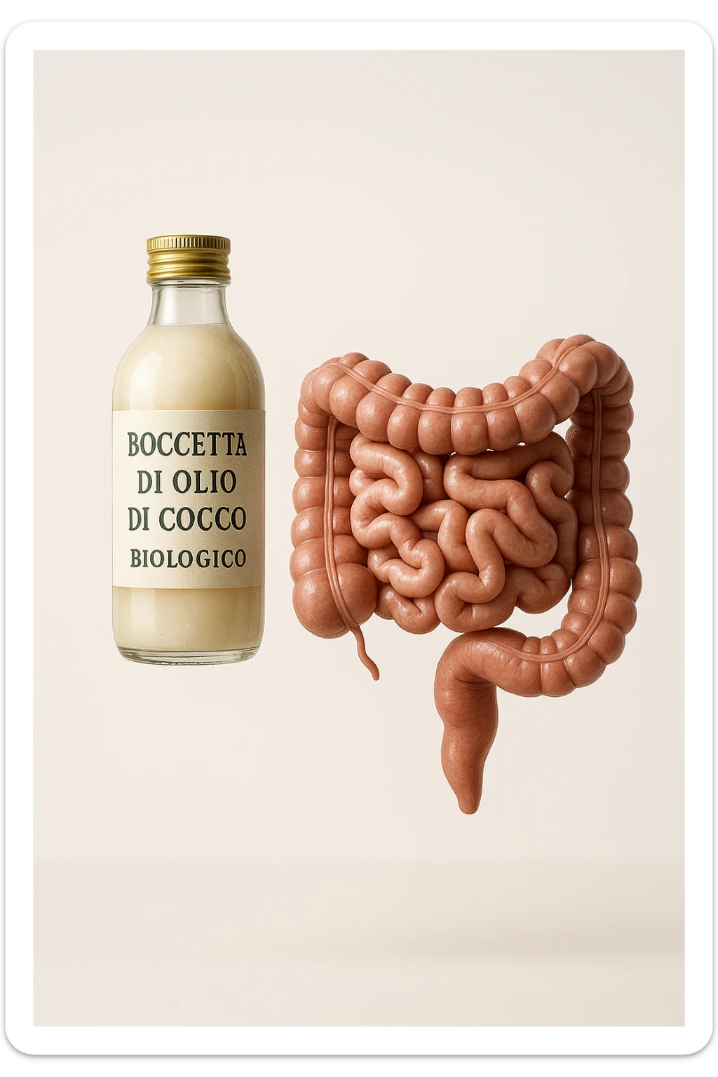 BOCCETTA DI OLIO DI COCCO BIOLOGICO (FAI UN ETICHETTA SUL PRODOTTO IN ITALIANO) CHE FLUTTUA IN ARIA INSIEME A UN INTESTINO UMANO ANATOMICO IN PERFETTA SALUTE, SFONDO CHIARO, iperrealistico 4k sticker