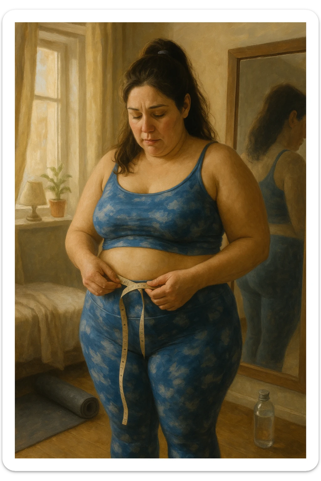 A realistic, cinematic illustration of a woman in her early 30s with a slightly rounded body shape, standing in front of a mirror in a softly lit bedroom, looking at her reflection with a thoughtful, slightly discouraged expression. She is wearing comfortable home workout clothes, holding a tape measure in one hand loosely, while her other hand gently touches her belly area, showing her frustration with slow weight loss progress. The room is cozy, with natural light filtering in, a yoga mat rolled up in the corner, a water bottle, and a small plant on the windowsill. The scene captures the emotional struggle and quiet determination of a woman facing difficulties in losing weight despite her efforts, with warmth and dignity. sticker