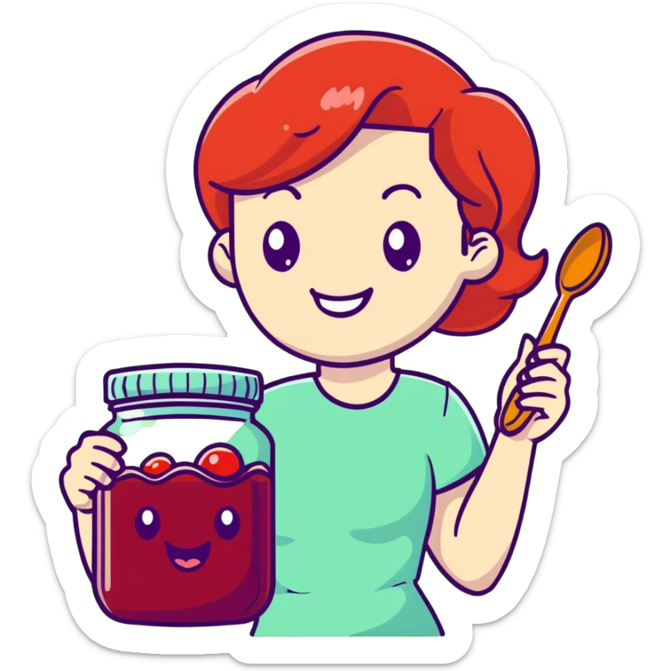 redhead woman with big smile holding a glass jar with jam in one hand and a little spoon with jam in other hand sticker