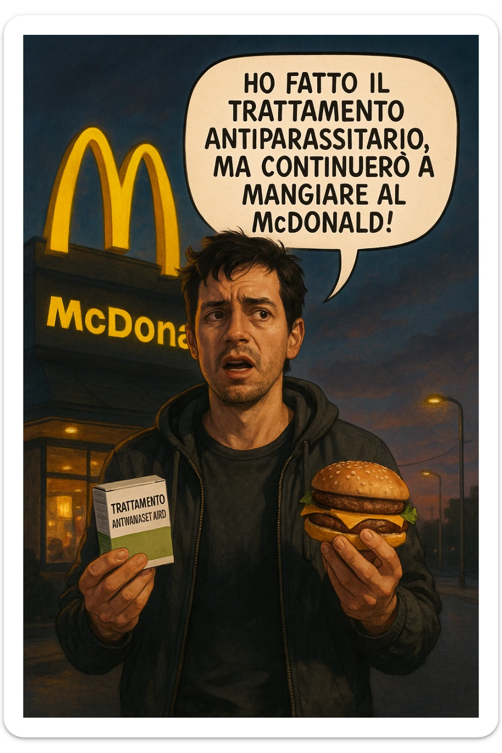 A realistic, cinematic illustration of a man in his early 30s with a confused yet stubborn expression, standing outside a McDonald's at dusk, holding a small box labeled 'Trattamento Antiparassitario' in one hand while holding a large McDonald's burger in the other. He is mid-sentence, saying 'Ho fatto il trattamento antiparassitario, ma continuerò a mangiare al McDonald!' in an expressive speech bubble. The man wears casual streetwear, and behind him, the McDonald's golden arches glow under a neon-lit sky. The mood is ironic and educational, highlighting the contradiction of doing parasite cleanses while continuing unhealthy fast-food habits. The style is realistic with slight illustrative clarity, emphasizing the message humorously while maintaining a serious undertone about lifestyle choices and health in italiano sticker