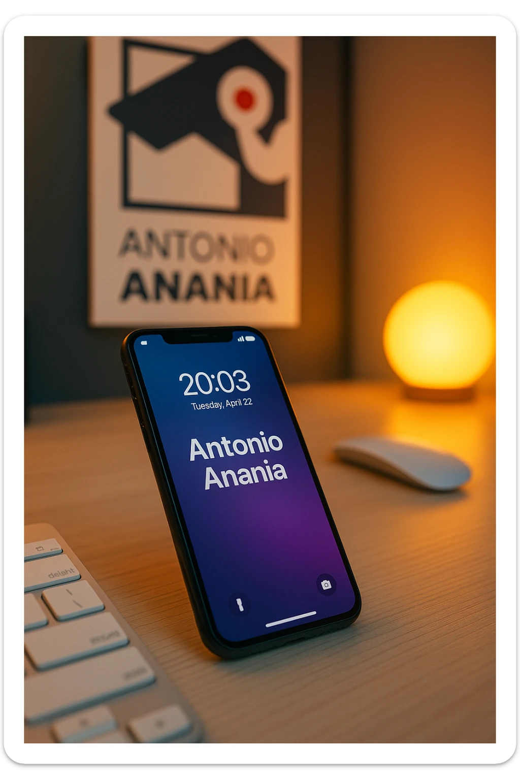 A photo of an iPhone on the desk with the message "Antonio Anania" on its screen, The phone sits atop a desk with a blurred background that suggests work environment. A faint glow from above casts gentle shadows across the surface of each object, creating depth and highlighting their textures sticker