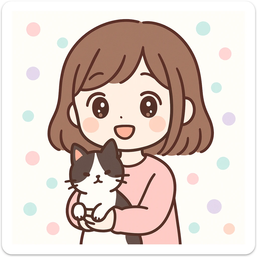 anime style portrait of a white-skinned girl with brown hair holding a black and white cat, soft colors, close contact with the cat, pastel tones sticker