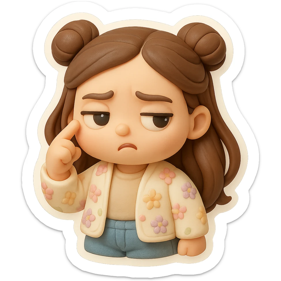 Create a 3D chibi fondant cake art style image with high-quality rendering, smooth shadows, and soft gradients. The girl should be based on the reference image, preserving facial features, with long brown hair in two space buns, brown eyes, jeans, and a pastel floral cardigan. Add a thick white outline like a sticker and make the background transparent. She is spinning a finger near her temple with a contemptuous expression, no whistling. sticker