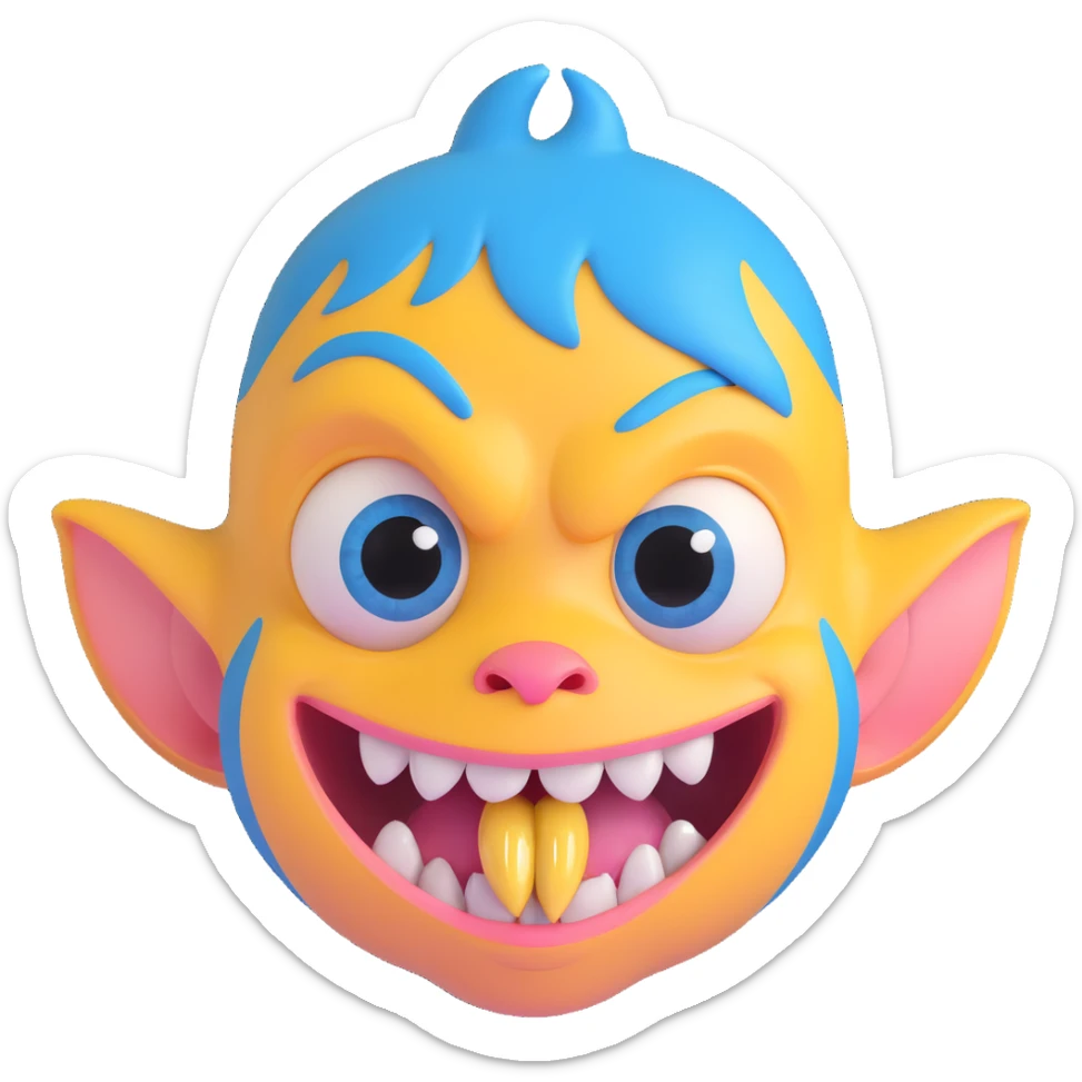 ugly face with big blue eyes, big nostrils with visible boogers, big mouth with very yellow buck teeth sticker