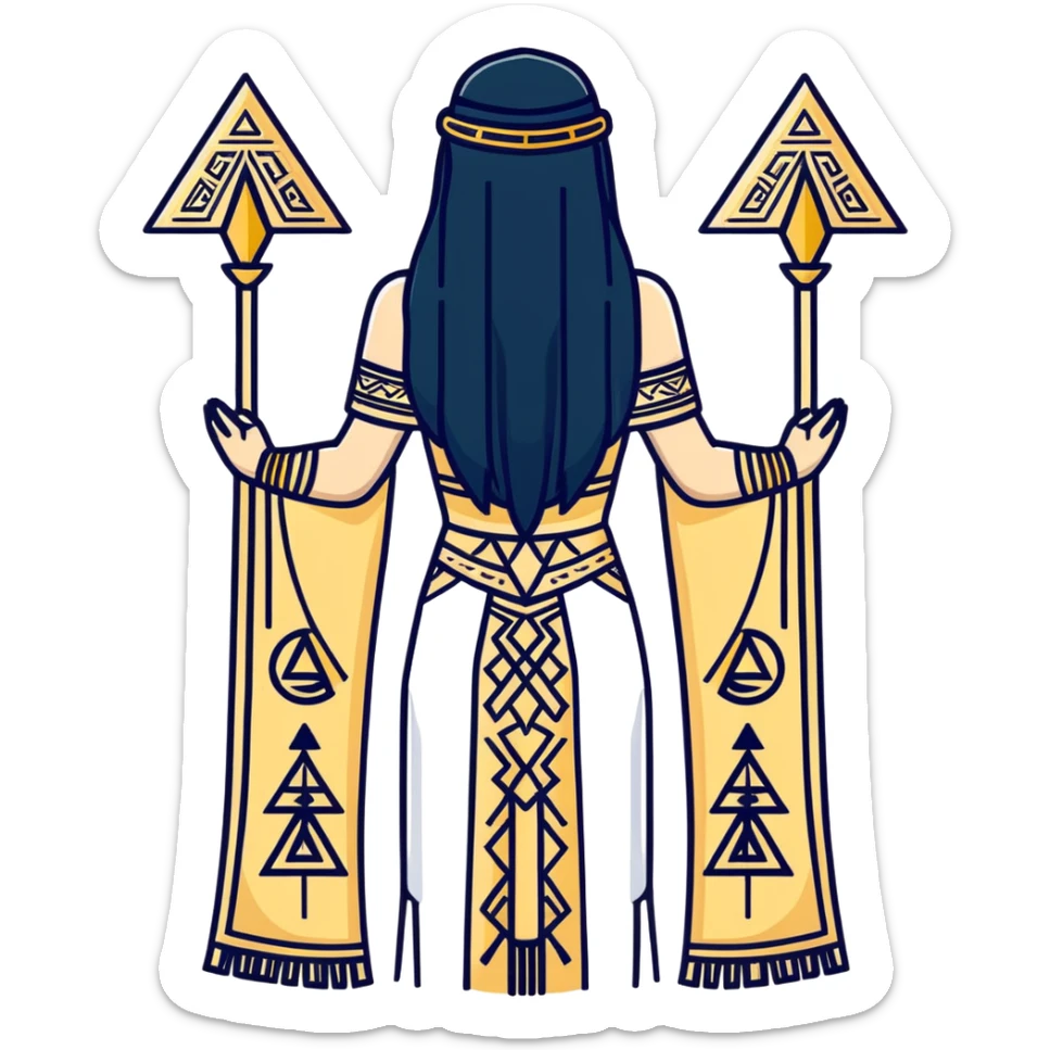 back view of Anunnaki goddess Inanna with straight long black hair and ancient Sumerian symbols embroidered on her ceremonial dress sticker
