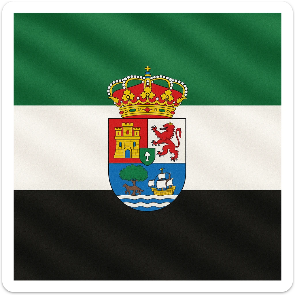the flag of Extremadura, Spain, with three horizontal stripes: green, white, and black, and the coat of arms of Extremadura in the center sticker