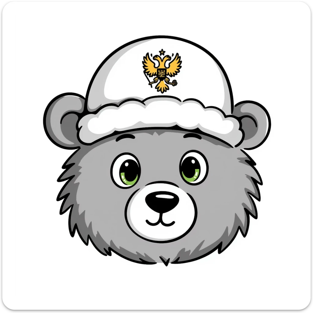 Cute grizzly bear face with green eyes, wearing a white fur hat with golden Russian coat of arms in the middle sticker