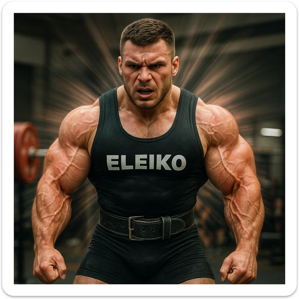European powerlifter in competition clothing, visibly hypertrophic and growing muscles with expansion visual effect, reddened and inflamed arm tendons, tense atmosphere, realistic details, gym background sticker