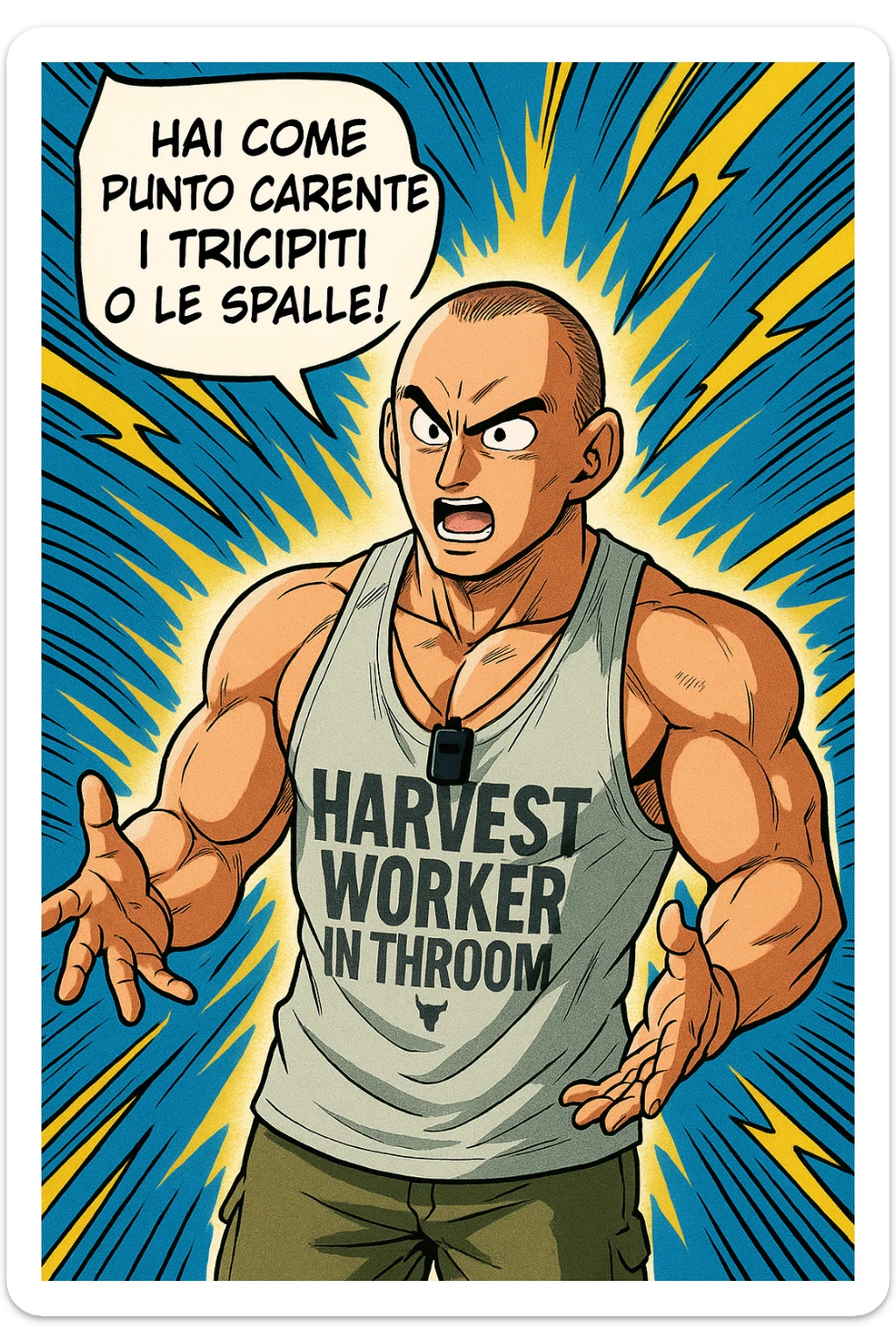 Personal trainer che dice al suo allievo, "hai come punto carente i tricipiti o le spalle!" Stile manga di Dragon Ball sticker